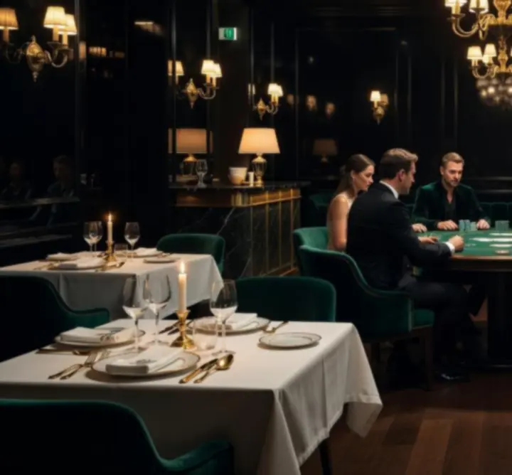 Cinematic hangulatú budapesti étterem és diszkrét pókerasztal egy luxus lounge térben.