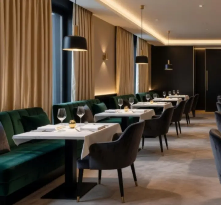 Atmoszférikus, elegáns éttermi enteriőr a Lounge Gather Clubban