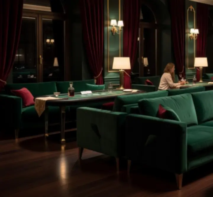 Exkluzív lounge belső tér bársonyos fotelekkel és tompított fényekkel a Lounge Gather Clubban